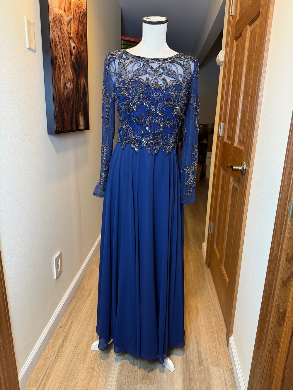 Women Size 6 Navy Blue Beaded Sequin Evening Gown Formal Mother of Bride Dress